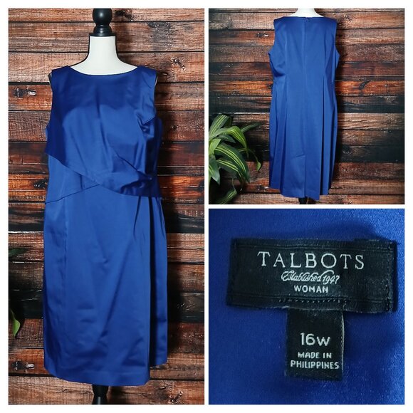 Talbots Woman Dress Plus Size 16 W Royal Blue Satin Sheath Draped Waist Formal - Picture 1 of 11